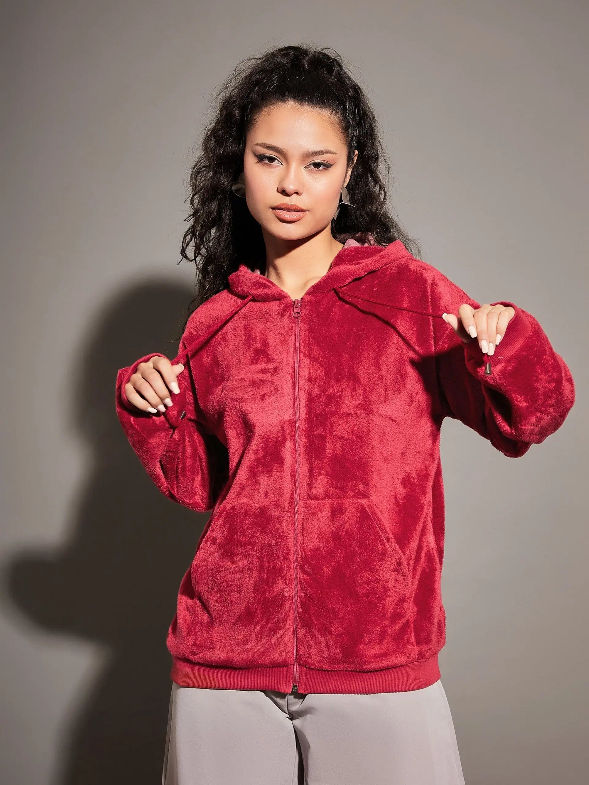 Women Solid Standard Maroon Full Sleeve Jacket Fleece Jacket Down Jacket Parka