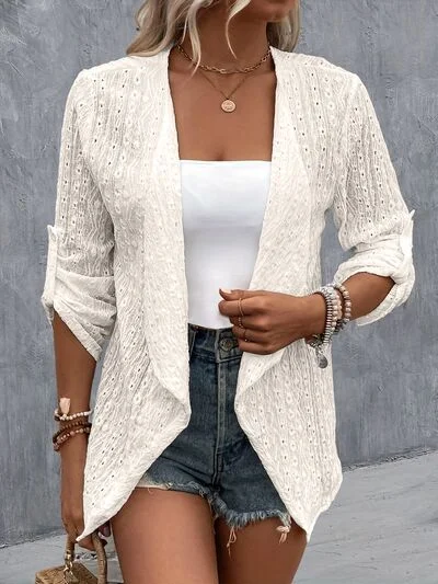 Eyelet Roll-Tab Sleeve Cardigan Jersey Fabric Tulle Fabric Batik Fabric