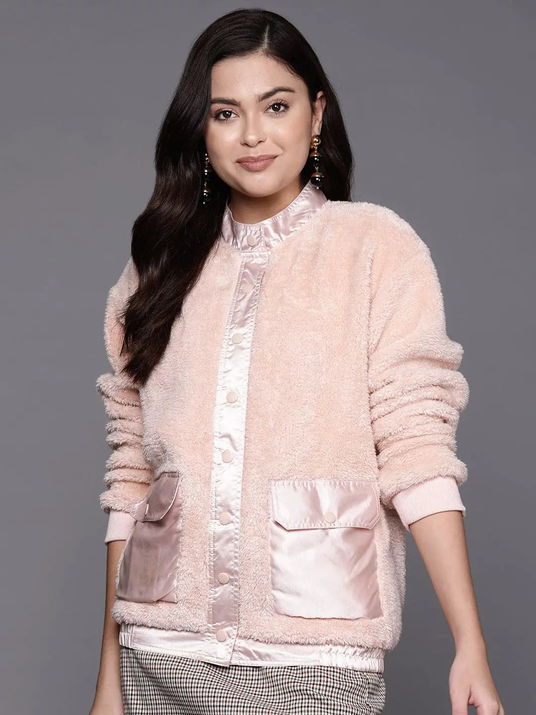 Women Solid Pink Full Sleeve Jacket Wool Fabric Cashmere Fabric Tweed Fabric