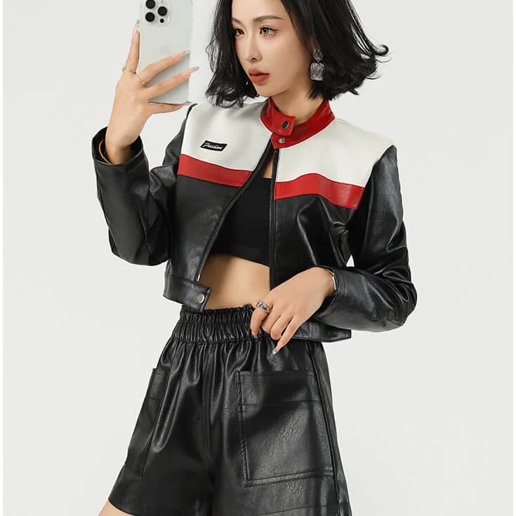 Punk Colorblock Casual Short Version Trendy Leather Jacket Herringbone Jacket Houndstooth Jacket Plaid Jacket