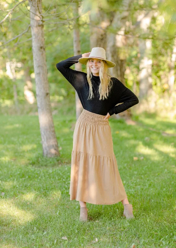 Smocked Waist Camel Maxi Skirt velvet skirt rich