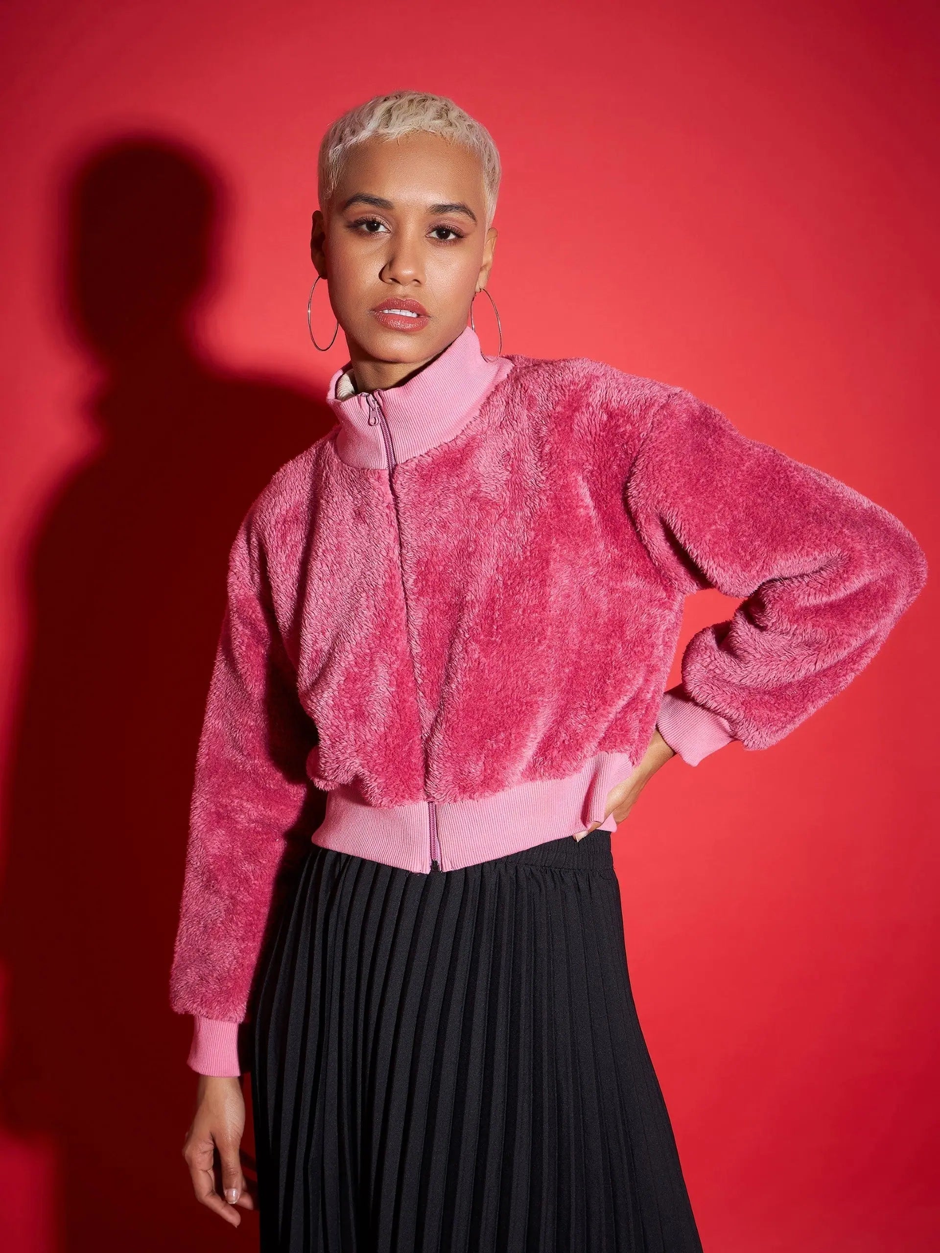 Women Solid Standard Pink High Neck Full Sleeve Jacket Hoodie Zip-Up Jacket Button-Up Jacket