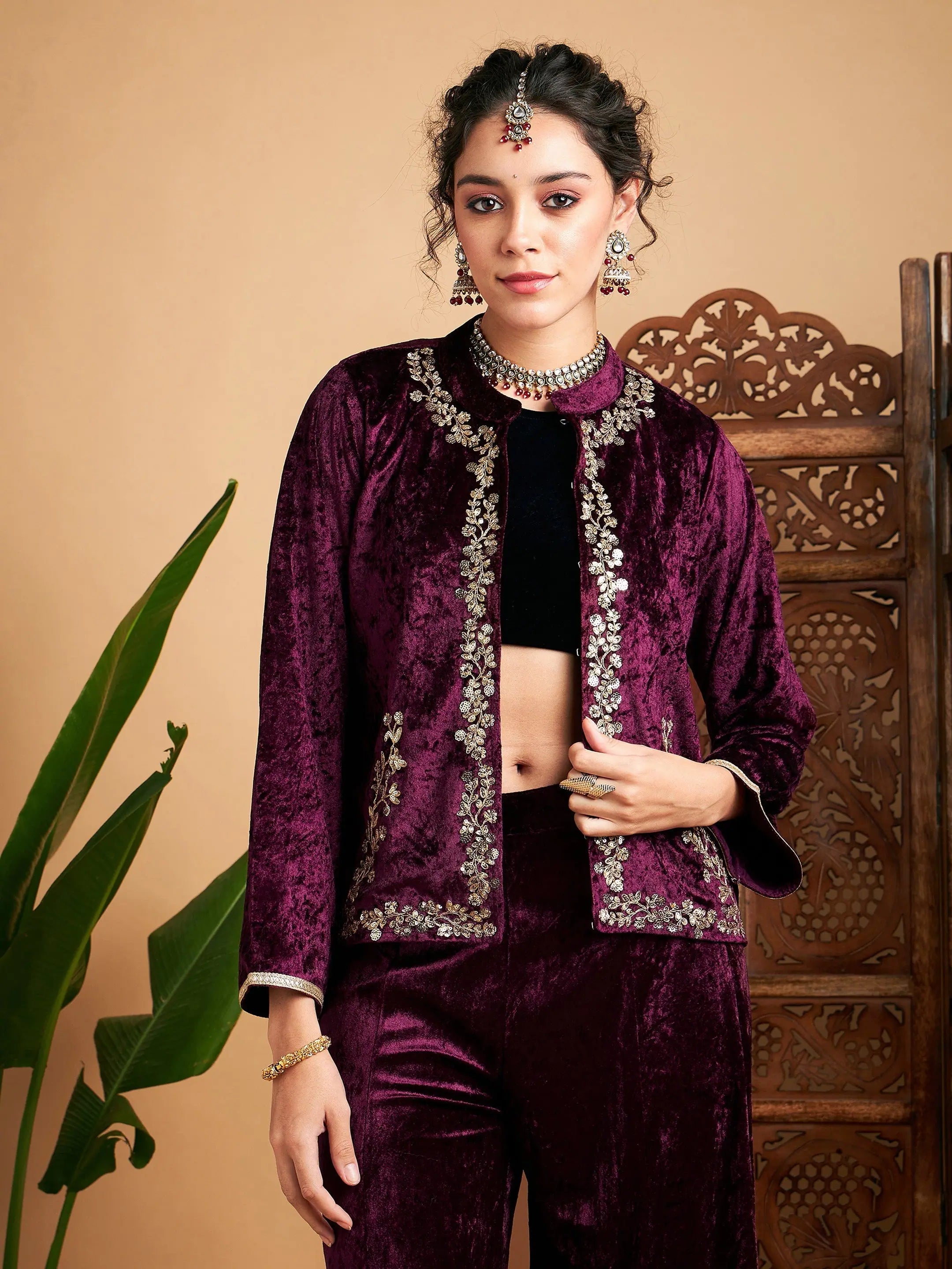 Women Embroidered Standard Purple Full Sleeve Jacket Herringbone Jacket Houndstooth Jacket Plaid Jacket