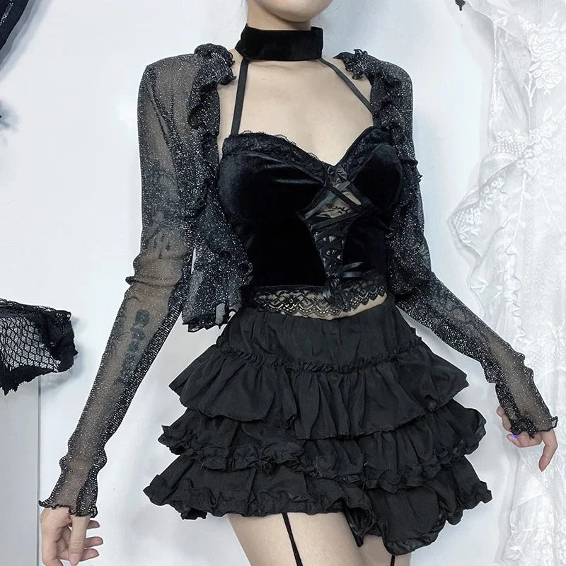 Alternative Fashion Glitter Thin Cardigan - Gothic See Through Top Solid Print Embellished Alternative Fashion Glitter Thin Cardigan - Gothic See Through Top Solid Print Embellished