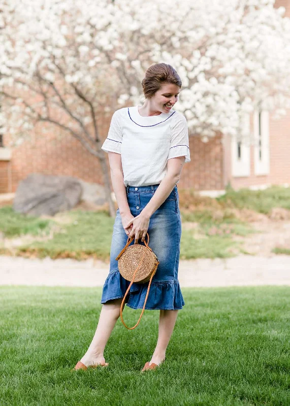 Denim Ruffle Pencil Skirt floral skirt print