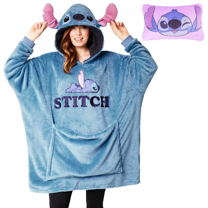 Disney Blanket Hoodie - Adults 2 in 1 Oversized Fleece Hoodie - Stitch Hoodie with Hem Drawcord Adjustable Customizable