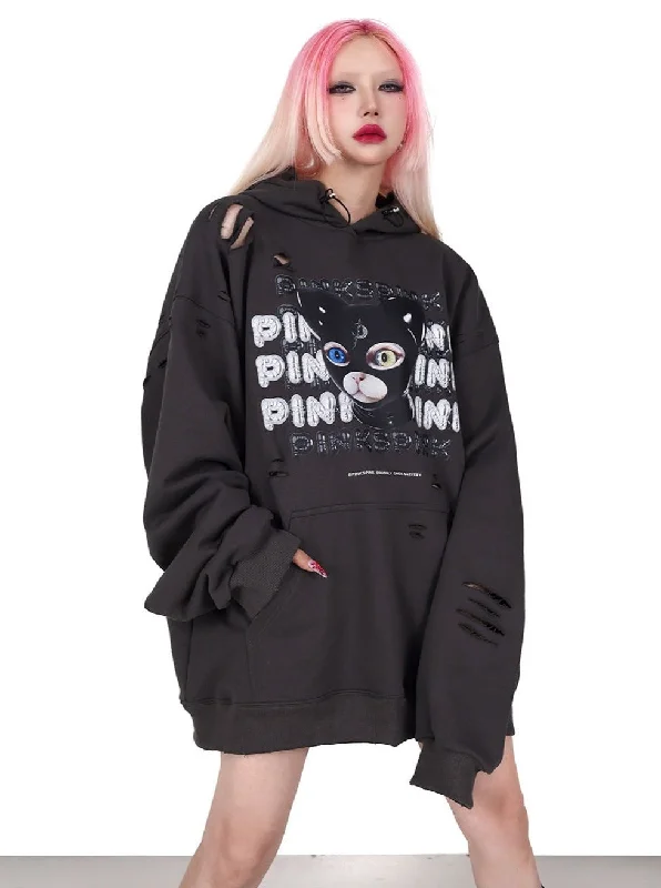 PINKSPINK Punk Cat Masked Hoodie - Dark Grey Hoodie with Side Slits Relaxed Casual