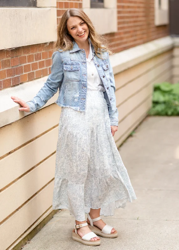 White Floral Midi Skirt with Hem Ruffle - FINAL SALE denim skirt casual