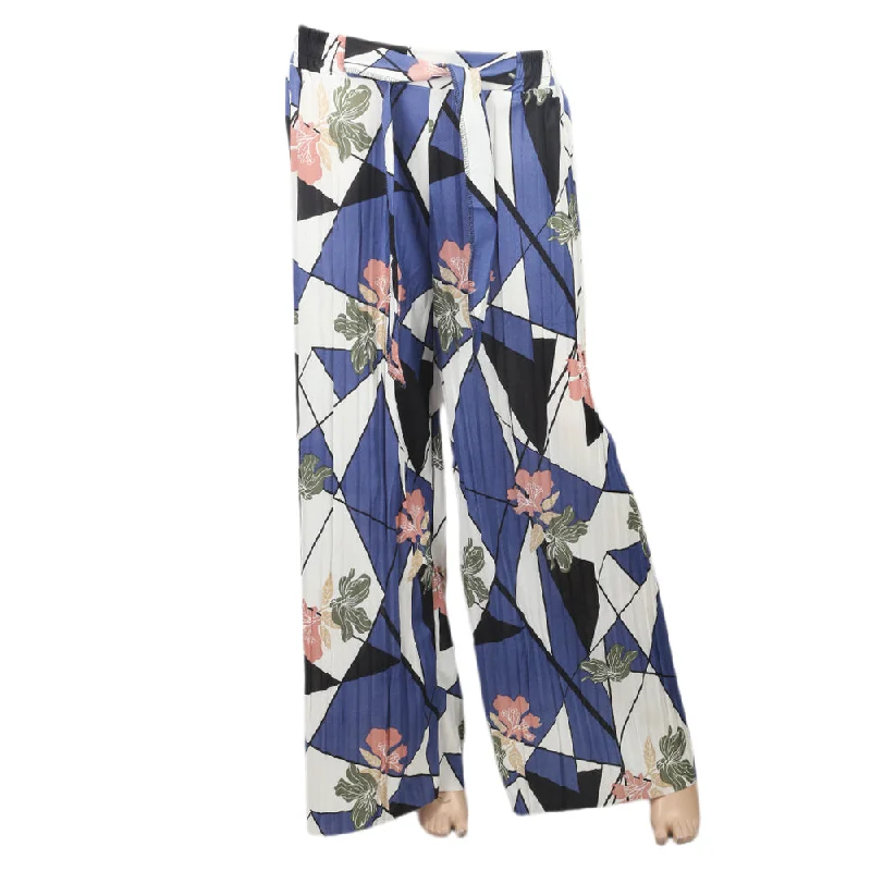 Women's Flower Printed Trouser - Navy Blue Trousers New Arrival