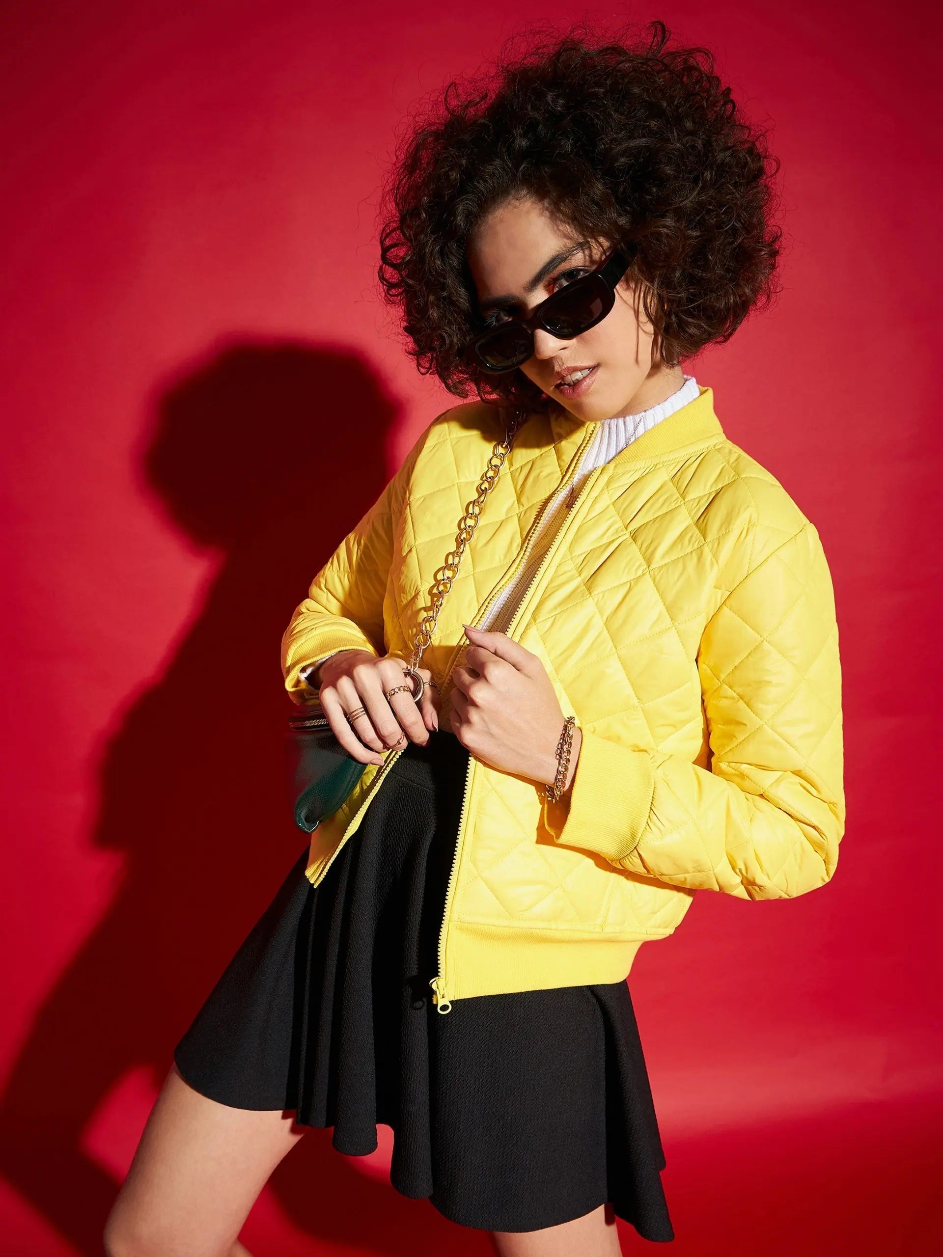 Women Solid Standard Yellow Full Sleeve Jacket Bomber Jacket Anorak Windbreaker