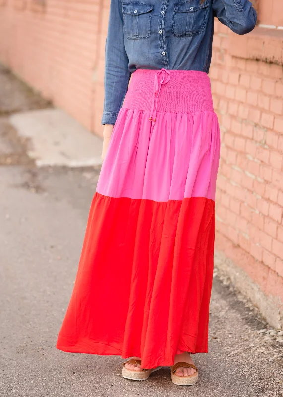 Smocked Red and Pink Color Block Maxi Skirt - FINAL SALE corduroy skirt comfortable