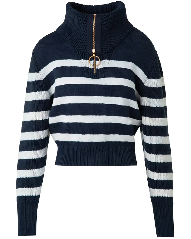 Navy and Cashew Stripe Polo Collar Pullover Slim Sleeve Pullover