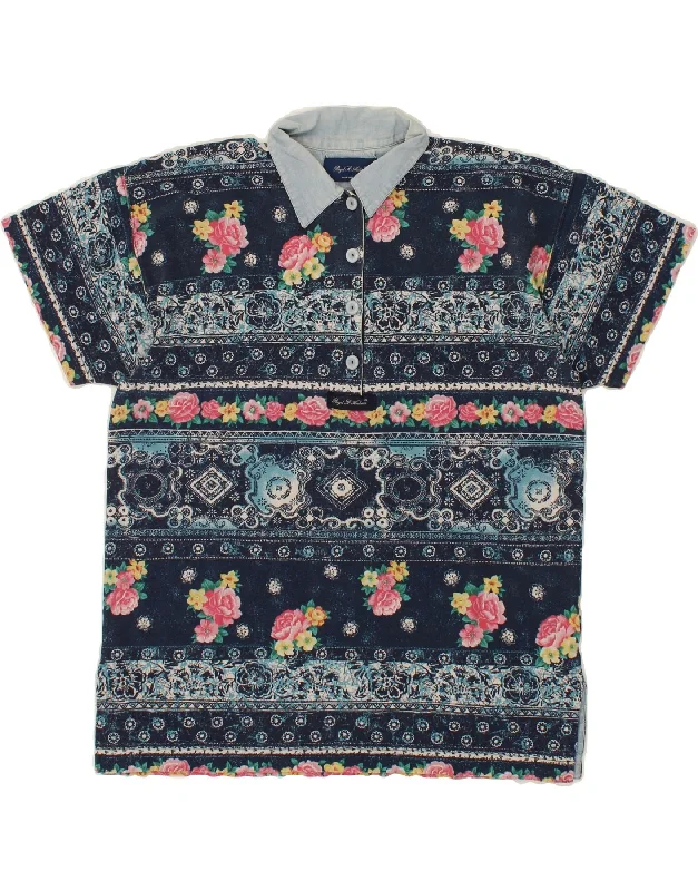 VINTAGE Womens Short Sleeve Pullover Shirt UK 16 Large Navy Blue Floral Bolero Style Sweater VINTAGE Womens Short Sleeve Pullover Shirt UK 16 Large Navy Blue Floral Bolero Style Sweater