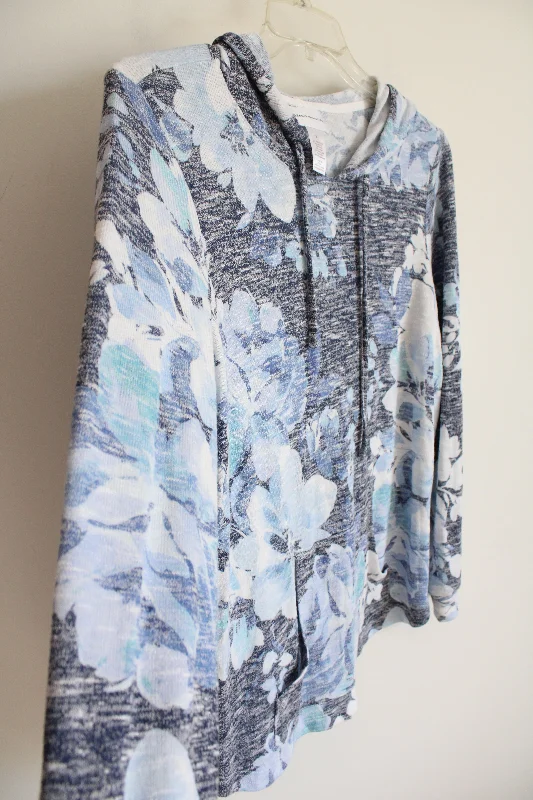 Alfred Dunner Blue Floral Lightweight Sweater Hoodie | S Hoodie with Drawstring Waist Adjustable Fitted