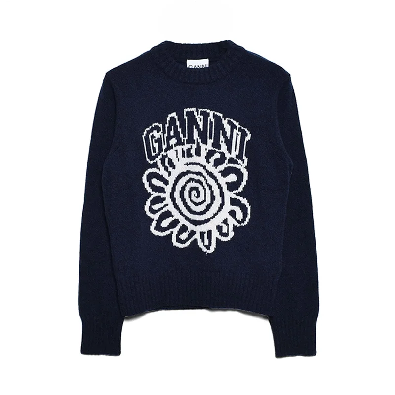 [GANNI]Graphic O-neck Pullover Flower/NAVY(K1966) Wrist Length Sleeve