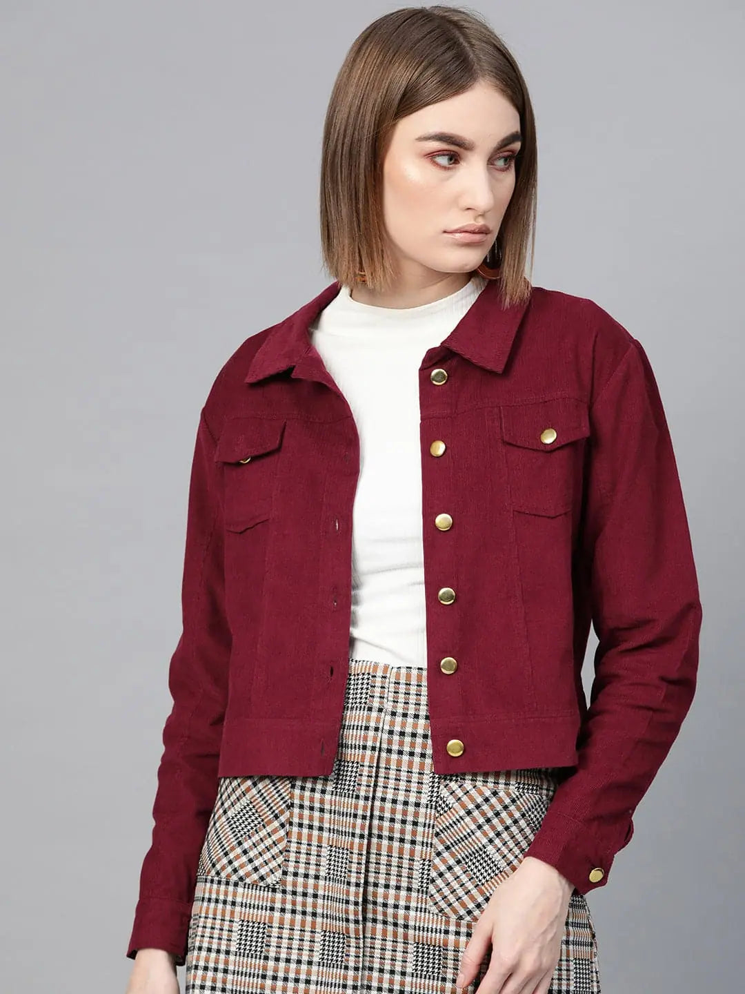 Women Solid Maroon Collared Neck Full Sleeve Jacket Rayon Fabric Velvet Fabric Corduroy Fabric Women Solid Maroon Collared Neck Full Sleeve Jacket Rayon Fabric Velvet Fabric Corduroy Fabric