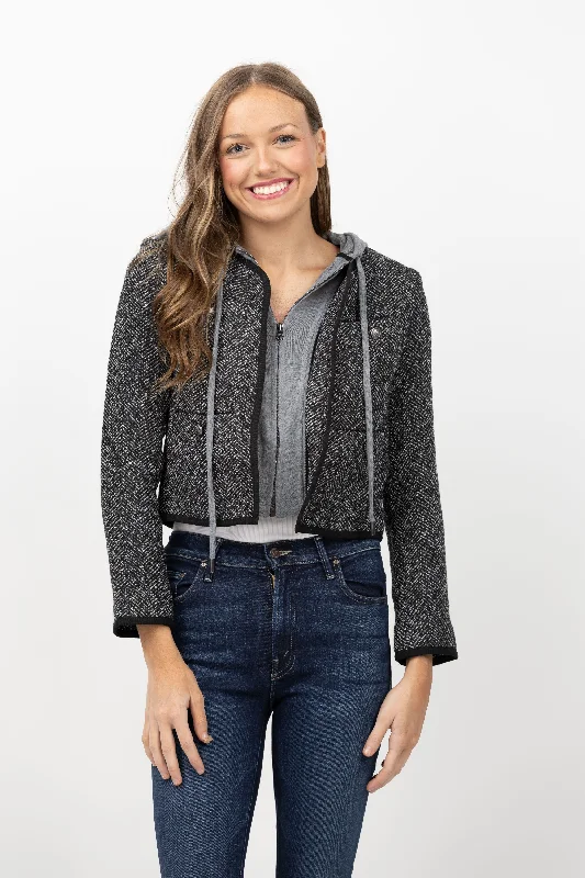 Central Park West Raya Tweed Dickie Jacket in Black/Grey V-Neck Jacket Boat Neck Jacket Square Neck Jacket