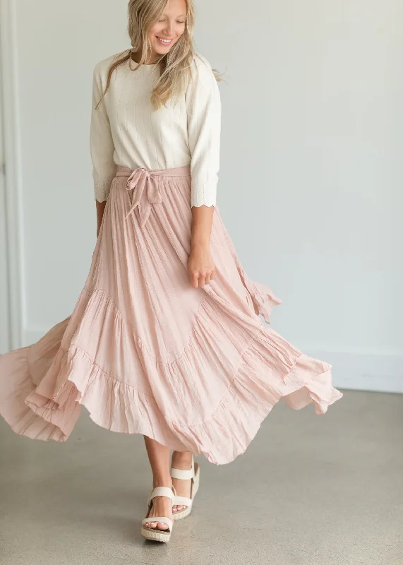 Blush Tie Waist Flowy Midi Skirt lace skirt romantic