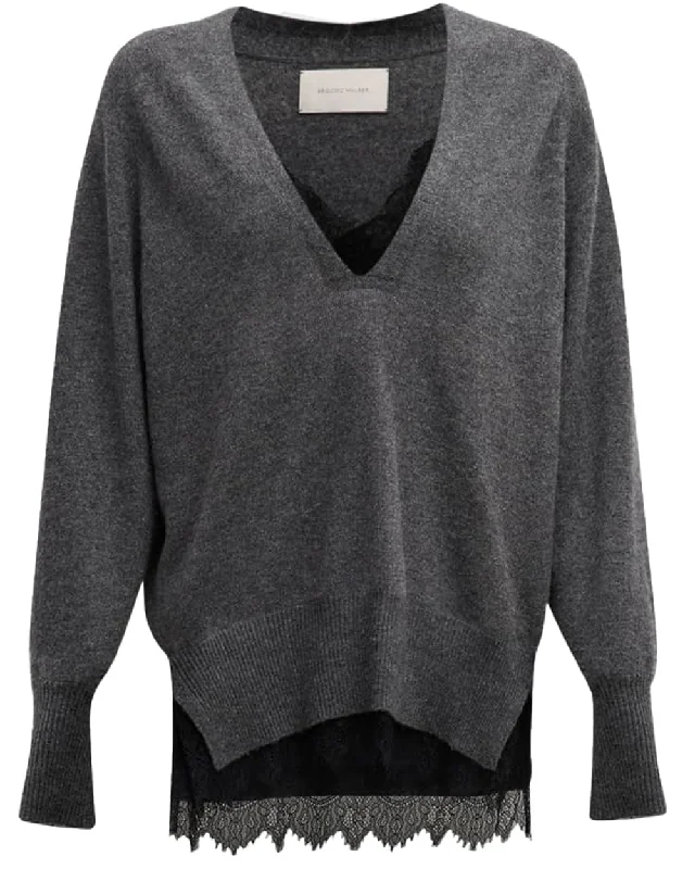 Charcoal Melange Lace Layered Vee Pullover V-Neck Stylish Pullover