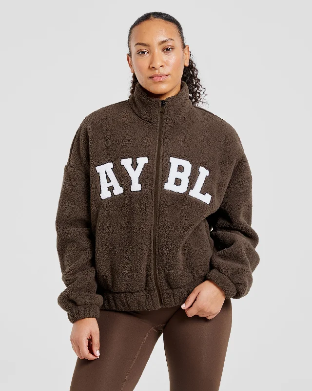 Varsity Oversized Fleece Zip Up Jacket - Cocoa Braun Wool Fabric Cashmere Fabric Tweed Fabric Varsity Oversized Fleece Zip Up Jacket - Cocoa Braun Wool Fabric Cashmere Fabric Tweed Fabric