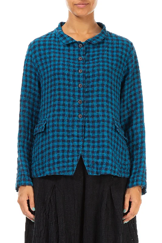 Buttoned Blue Check Linen Jacket Belted Jacket Elasticated Jacket Padded Jacket