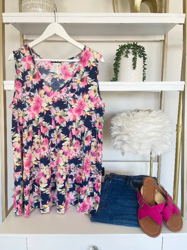 Pink and Yellow Floral on Navy Tiered Tank turquoise tank top
