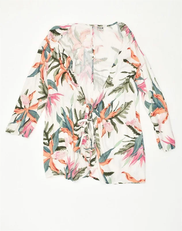 HURLEY Womens Cardigan Top UK 10 Small White Floral Viscose Satin Fabric Silk Fabric Chiffon Fabric HURLEY Womens Cardigan Top UK 10 Small White Floral Viscose Satin Fabric Silk Fabric Chiffon Fabric