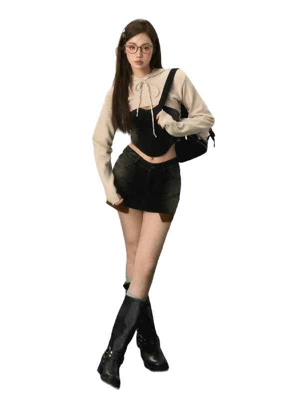 Knitted Cropped Hoodie & Denim Tube Top & Denim Skirt & Jeans Set Hoodie with Contrast Stitching Detailed Premium Knitted Cropped Hoodie & Denim Tube Top & Denim Skirt & Jeans Set Hoodie with Contrast Stitching Detailed Premium