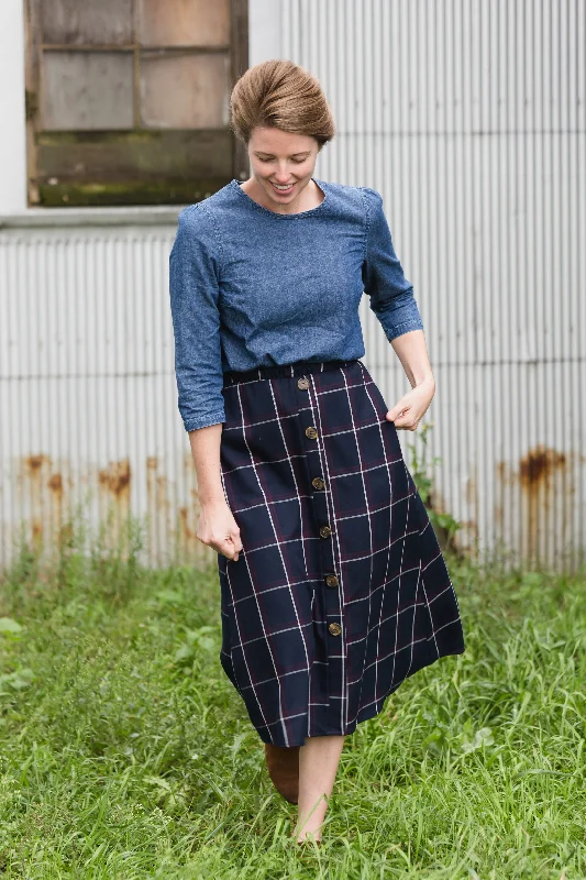 Windowpane Button Midi Skirt - FINAL SALE wool skirt breathable