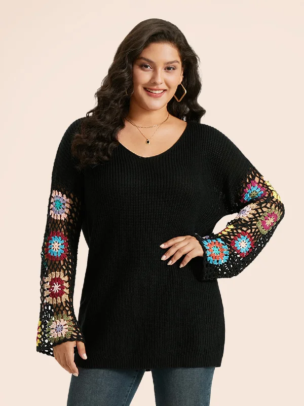 Floral Embroidered Hollow Out Pullover Textured Knit Design