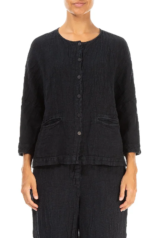 Midnight Blue Mélange Linen Jacket Blouse Front Pockets Side Pockets Patch Pockets