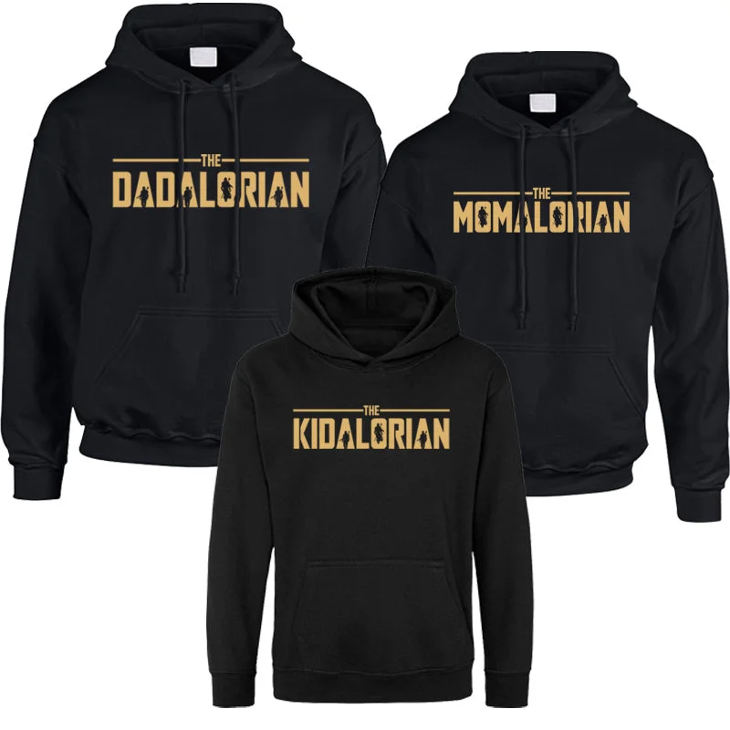 Dadalorian, Momalorian & Kidalorian Matching Black Hoodies Hoodie with Batwing Sleeves Loose Dramatic