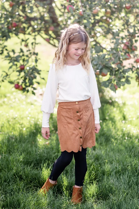 Girls Button Detail Camel Scalloped Midi Skirt corduroy skirt comfortable