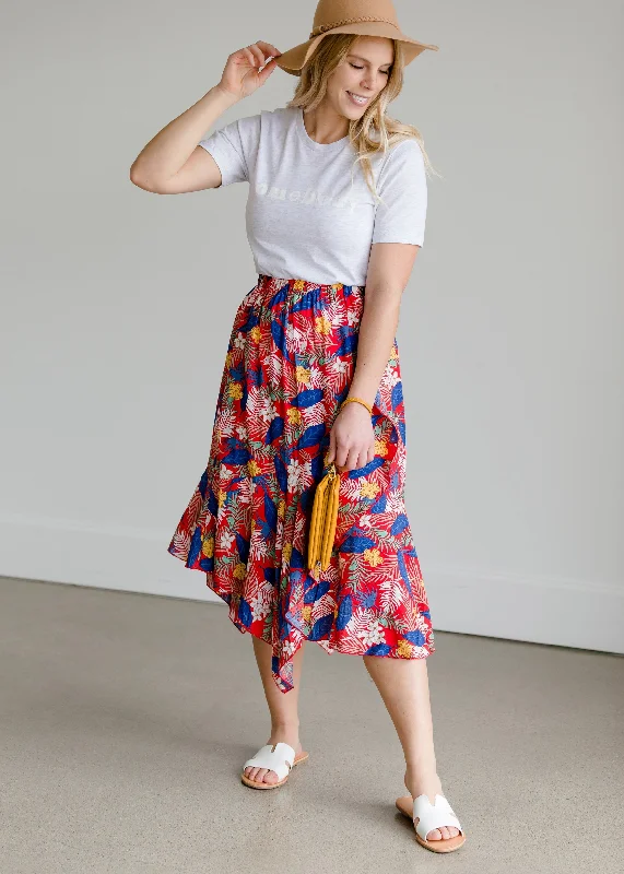 Tropical Hankerchief Hem Midi Skirt - FINAL SALE silk skirt lustrous