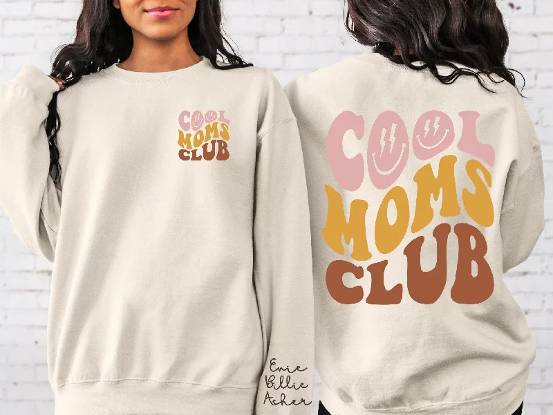 Cool Moms Club Sweatshirt with Names on Sleeve Hoodie with Hem Detail Decorative Unique