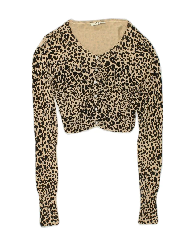 LIU JO Womens Crop Cardigan Sweater UK 6 XS Brown Animal Print Polyamide Transparent Opaque Sheer LIU JO Womens Crop Cardigan Sweater UK 6 XS Brown Animal Print Polyamide Transparent Opaque Sheer