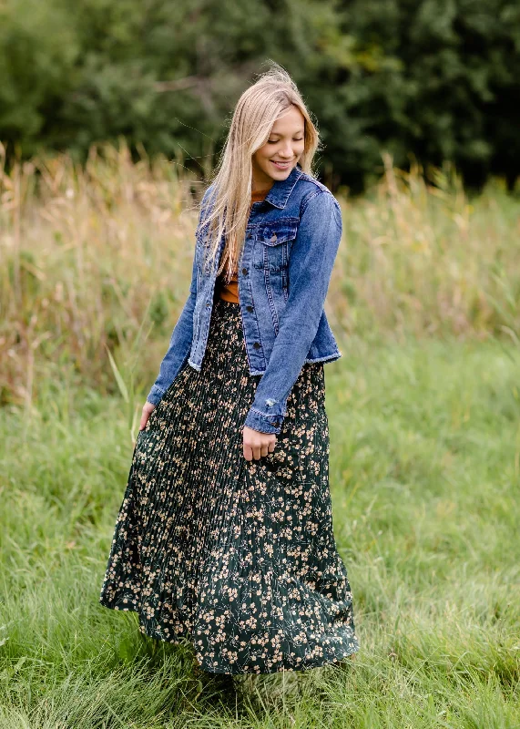 Forest Green Floral Pleated Maxi Skirt linen skirt airy