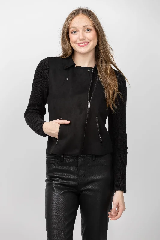 Nic + Zoe Mix Media Jacket in Black Onyx Zippered Front Buttoned Front Snap Front