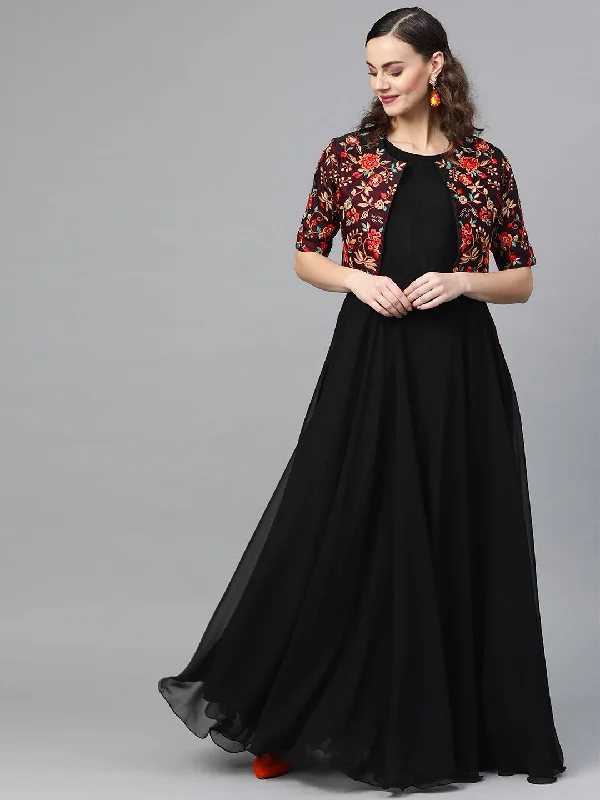 Inddus Women Black Solid Gown With Heavy Embroidered Satin Jacket Denim Jacket Leather Jacket Suede Jacket