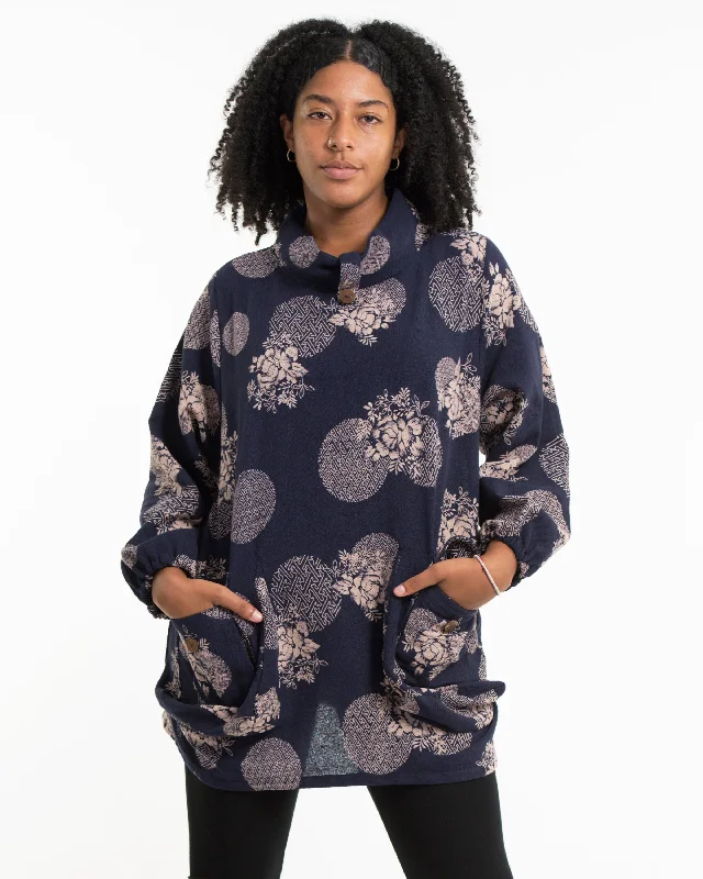 Floral Non-Stretch Thai Cotton Pullover in Blue Jewel Neck Pullover