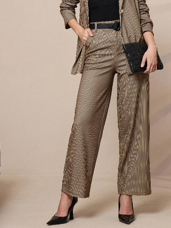 Women Beige Striped Straight Wide Leg Trousers High Waist Slim Fit Ankle Length