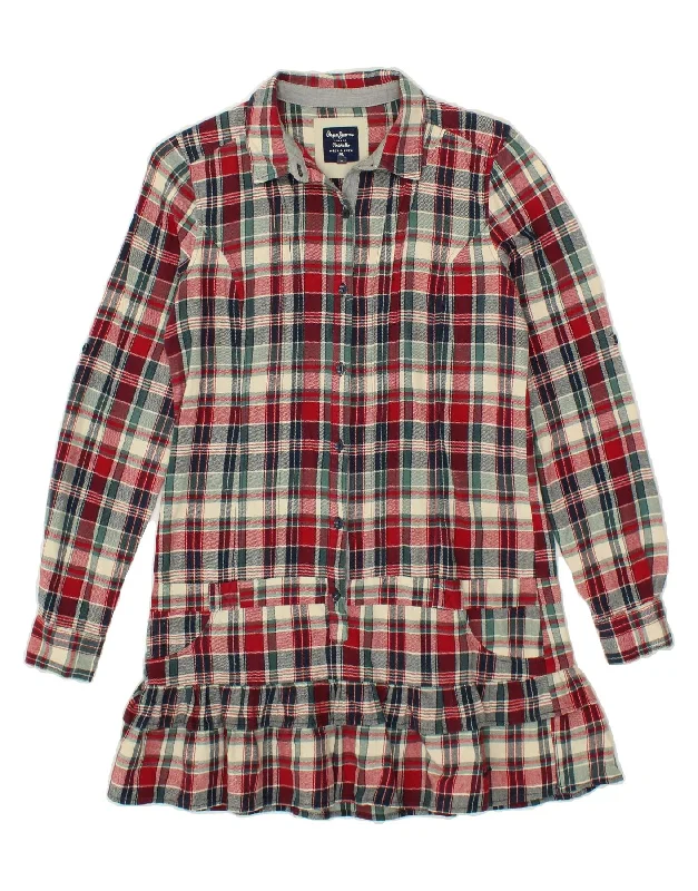PEPE JEANS Womens Ruffle Pullover Shirt Dress UK 10 Small Beige Check Saggy Sleeve Comfort
