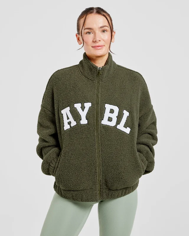 Varsity Oversized Fleece Zip Up Jacket - Khaki Grün Knit Fabric Woven Fabric Fleece Fabric Varsity Oversized Fleece Zip Up Jacket - Khaki Grün Knit Fabric Woven Fabric Fleece Fabric