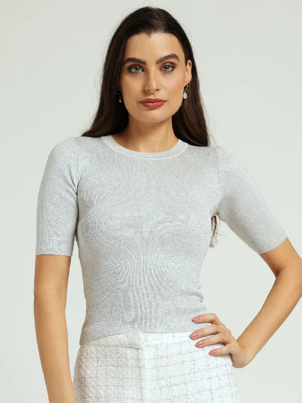 Fitted Metallic Pullover - Silver Fine Merino Wool