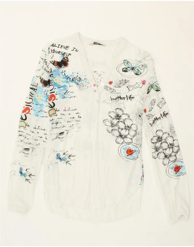 DESIGUAL Womens Graphic Pullover Shirt Blouse UK 6 XS White Floral Crew Neck Wool
