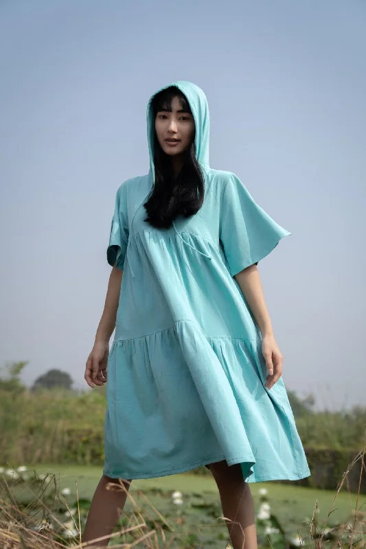 Katir- Hoodie Dress With Slit Bell Sleeves - Aqua Blue Hoodie with Oversized Fit Loose Comfortable Katir- Hoodie Dress With Slit Bell Sleeves - Aqua Blue Hoodie with Oversized Fit Loose Comfortable