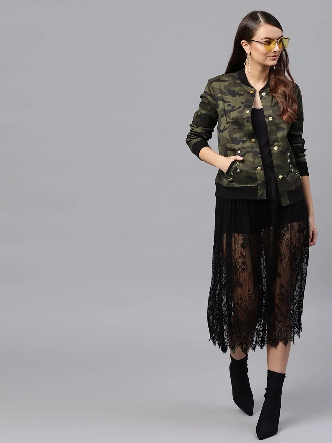 Women Printed Green Full Sleeve Jacket Zippered Front Buttoned Front Snap Front