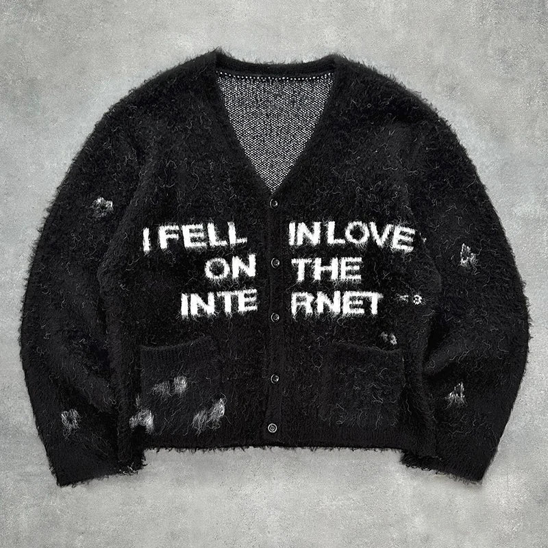 Streetwear Style Knitted V-Neck Sweater - Harajuku Lettering Black Cardigan Sequined Glittery Shiny Streetwear Style Knitted V-Neck Sweater - Harajuku Lettering Black Cardigan Sequined Glittery Shiny
