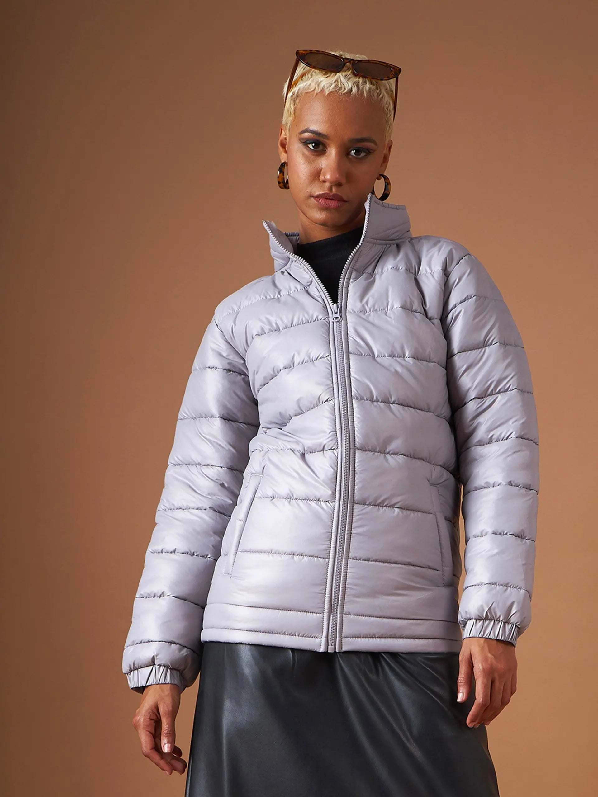 Women Solid Standard Grey High Neck Full Sleeve Jacket Welt Pockets Slit Pockets Flap Pockets