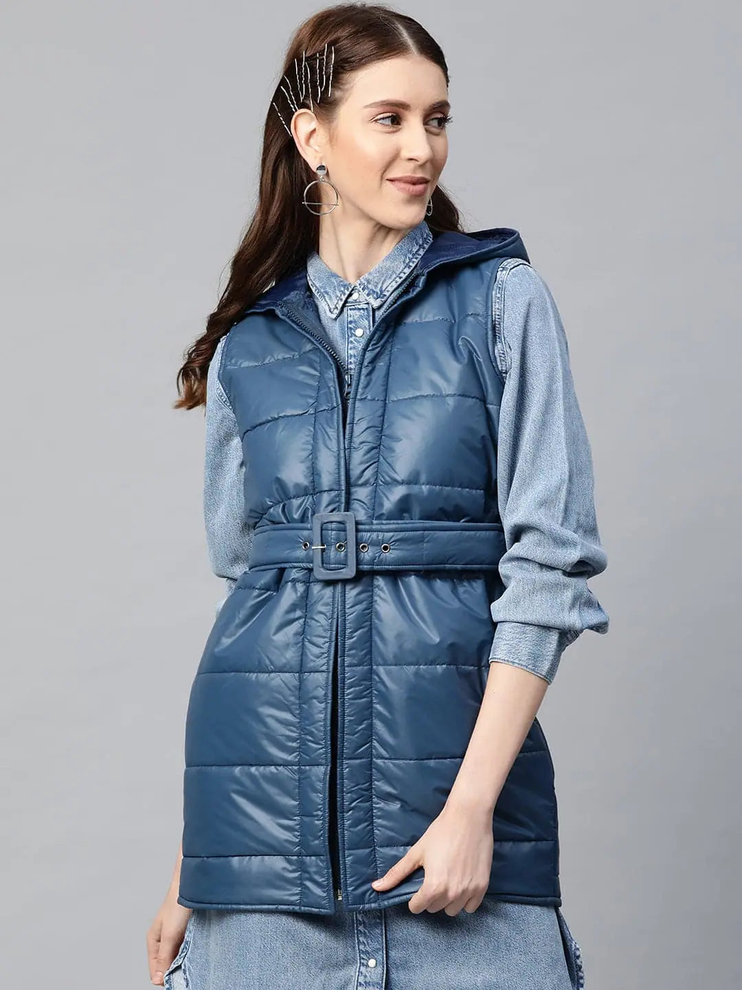 Women Solid Teal Sleeveless Jacket Denim Jacket Leather Jacket Suede Jacket